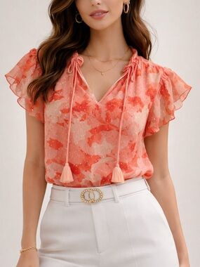 Ramy Brook - Coral Floral Ruffle Sleeve V-Neck Blouse - New